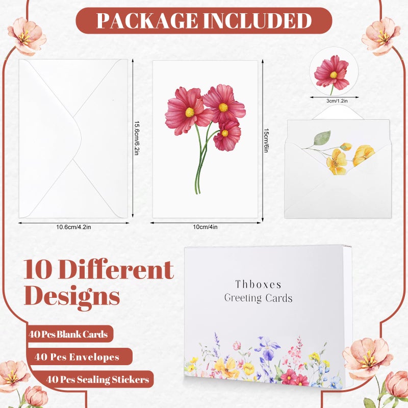 بطاقات وأظرف فارغة، 40 حزمة بطاقات فارغة مقاس 4 × 6 بوصات (10 تصميمات زهور)، بطاقة تهنئة فارغة أنيقة، بطاقات ملاحظات فارغة مع ملصقات مانعة للتسرب لأعياد الميلاد وحفلات الزفاف ومعظم المناسبات الأخرى - Image 2